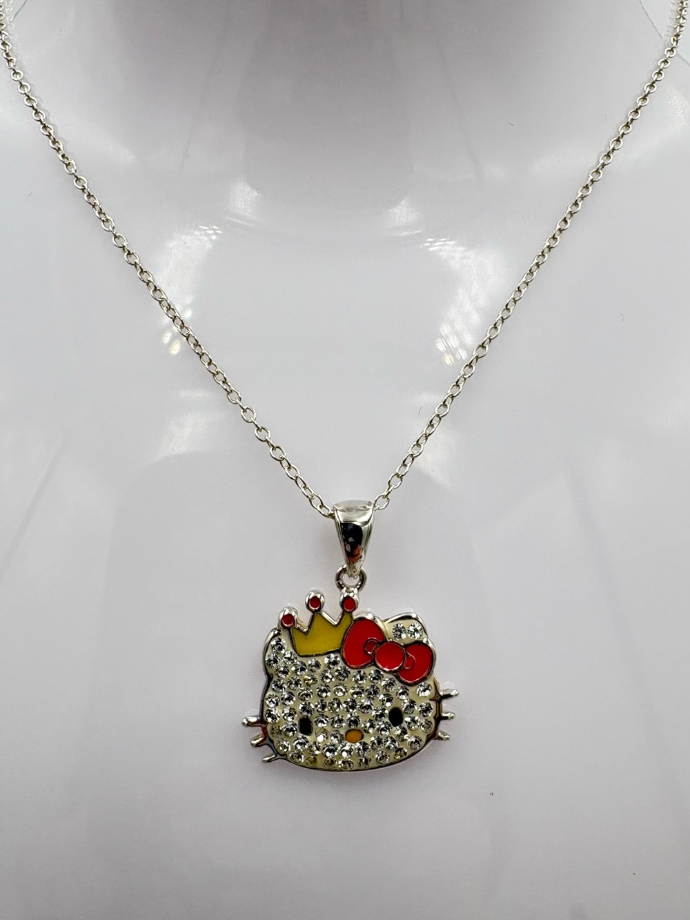 JCM Sterling Silver Hello Kitty Pave Crystal Crown Princess Bow Pendant Necklace